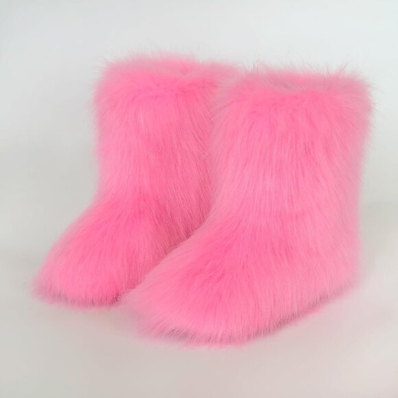 Women's Faux Fluffy Furry Fur Short Snow Warm Comfortable Mid Calf Pink Boots - Picture 4 of 5